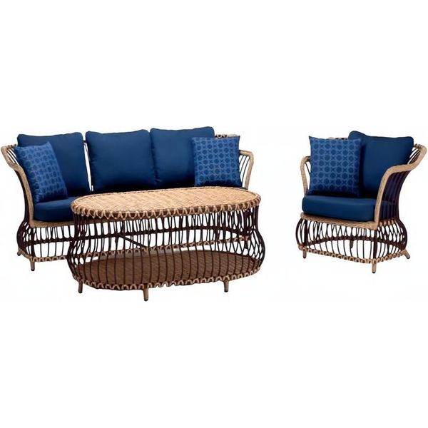 Set Di Divani Divano 3 Posti Lusso Rattan Moderno Blu Poltrona Tavolino Da Caffè-image