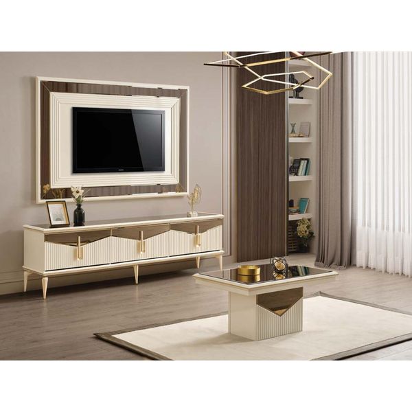 Parete Attrezzata Porta Tv Pannello A Muro Tavolino Rtv Lowboard Gold 3Pz Beige-image