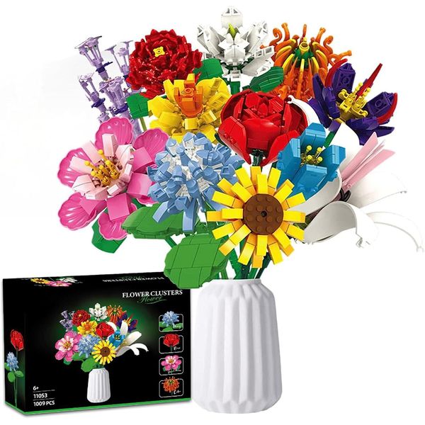 Coil Blocchi Da Costruzione, Bouquet Di Fiori, Set Di Blocchi Da Costruzione, Blocchi Da Gioco, Set Da Costruzione, Collezione Botanica, Arredamento Per La Casa, Modello: 11063 , 12 Tipi Di Fiori, 1009 Pezzi.-image
