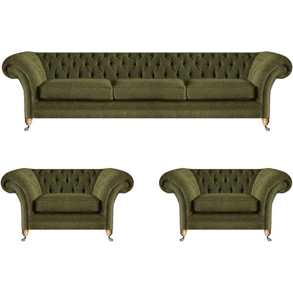 Set Di Divani Da Salotto 3 Pezzi In Tessuto Verde Divano A Tre Posti 2X Poltrona Chesterfield-image