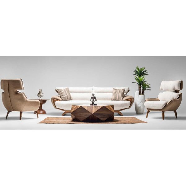 Set Completo Di Divani Tre Posti Poltrona Beige Divano Imbottito 3 Pezzi In Tessuto-image