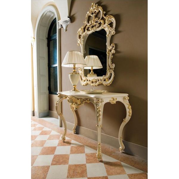 Specchio Classico Tavolo Da Toilette Consolle Oro Legno Camera Da Letto Mobili 2Pcs-image