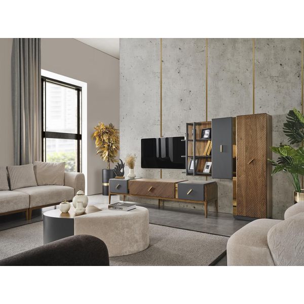 Set Parete Porta Tv Rtv Credenza Bassa Mensole Legno Marrone-image