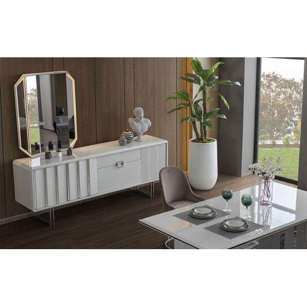 Gruppo Credenza Specchio Cassettiera Armadi Legno Mobili Bianchi Soggiorno-image