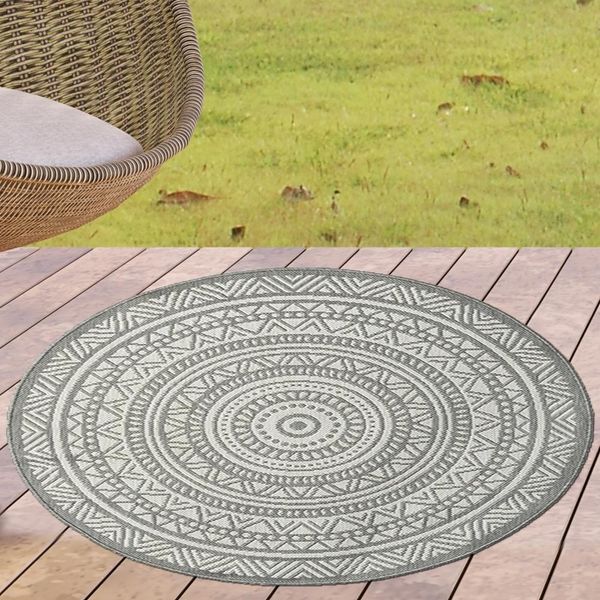 Tappeto Rotondo Per Interni Ed Esterni Con Disegno Mandala - Grigio E Crema, Versatile Dimensioni - 120 Cm Rotondo-image