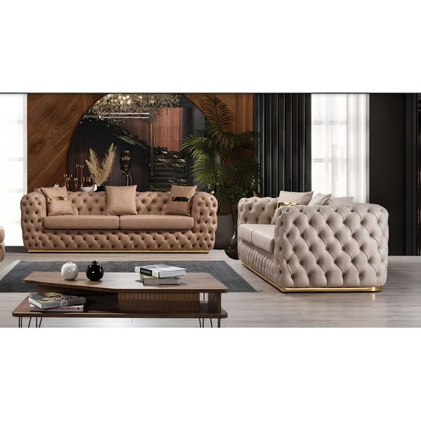 Set Imbottito Set Di Divani 3+3 Posti Chesterfield Set Di Divani Di Lusso In Pelle-image