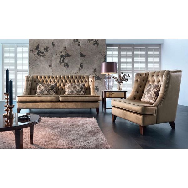 Set Di Divani Set Di Divani A 3 Posti Poltrona Chesterfield Moderna In Tessuto Marrone 3 Pezzi-image