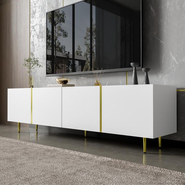 Fortuna Lai Mobile Tv Lucido A 4 Ante, Moderno Ed Elegante, Bianco, 170 X 35 X 46 Cm-image