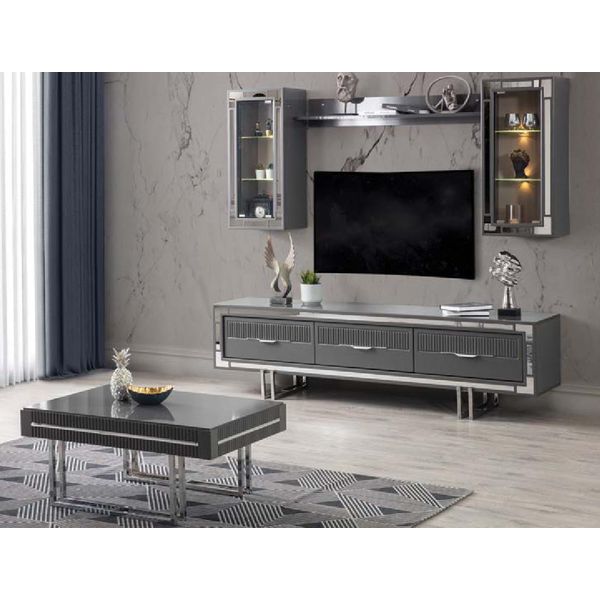 Parete Attrezzata Porta Tv Credenza Tavolino Rtv Lowboard Grigio Set 3 Pezzi-image