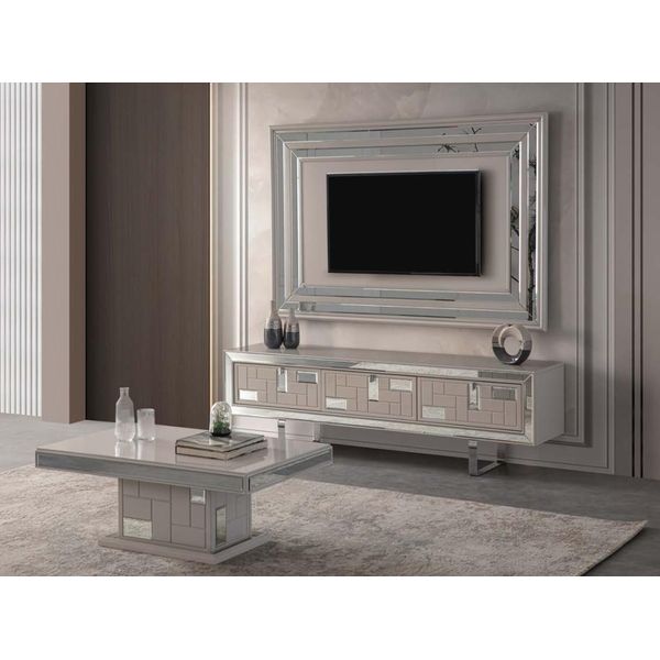Parete Attrezzata Di Lusso Porta Tv Pannello Da Parete Tavolino Rtv Lowboard 3 Pezzi Bianco-image