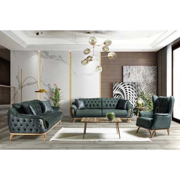 Set Di Divani Di Alta Qualità Tre Posti Poltrona Divano Divano Imbottito Tessuto Divano Verde 3Pcs-image