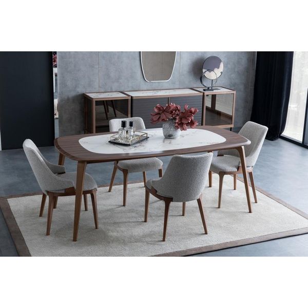 Set Sala Da Pranzo Tavolo Da Pranzo 4X Sedie Credenza Con Specchio Effetto Marmo-image