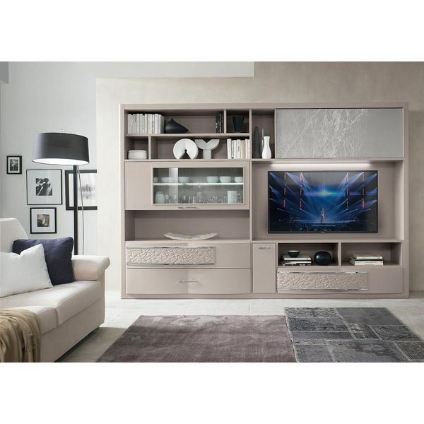 Mobile Tv A Parete Rtv Credenza Pensile Cassettiera Tv Design Legno Moderno Beige-image