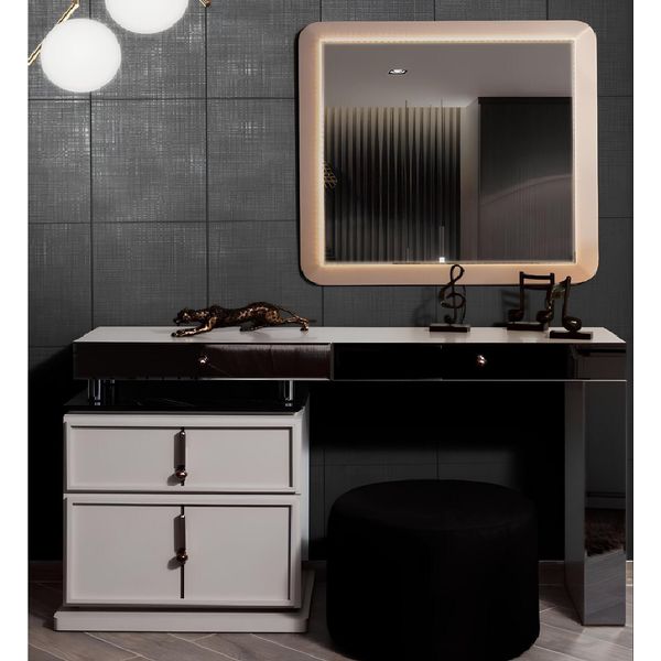 Tavolino Da Toilette Bianco Specchio Rettangolare Di Design Sgabello Imbottito 3 Pezzi-image