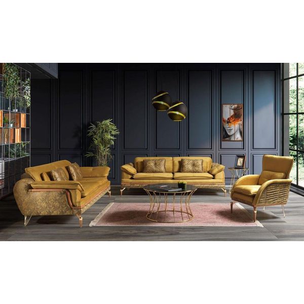 Set Di Divani Moderni A Tre Posti Poltrona Divano Imbottito Divano In Tessuto Divano Giallo 3Pcs-image