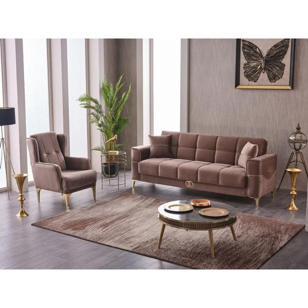 Set Tre Posti Poltrona Imbottita Divano Marrone Tessuto Divano Divano 2Pz-image