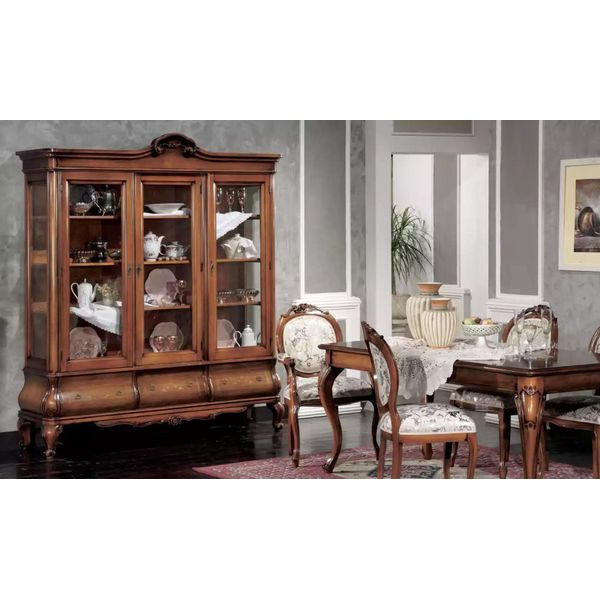 Set Sala Da Pranzo Classica Mobili In Legno Tavolo Da Pranzo 4X Sedie Vetrina 6 Pezzi-image