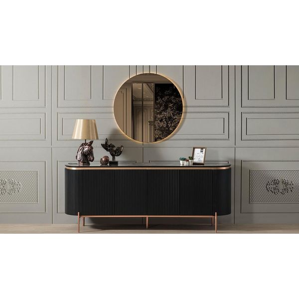 Set Da Sala Da Pranzo In 2 Pezzi Composto Da Una Lussuosa Credenza Nera E Da Uno Specchio-image