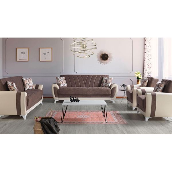Divano Letto Set 3+2+1+1 Posti Divano Tessile Poltrona Set Completo Marrone-image