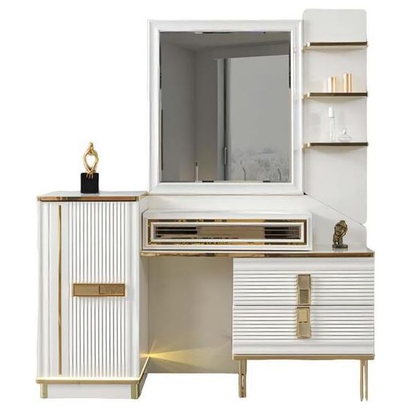 Tavolino Da Toilette Tavolino Da Trucco Comò Con Specchio Legno Acciaio Inox Oro Bianco-image