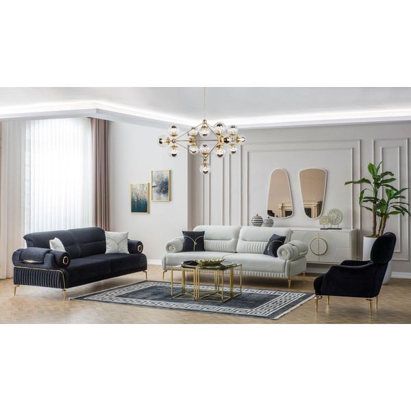 Set Di Divani A Tre Posti Poltrona Divano Imbottito Divano In Tessuto Divano Blu 3Pcs-image