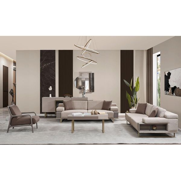 Poltrona Completa A Tre Posti Divano Beige Imbottito Divano In Tessuto Set 3 Pezzi-image