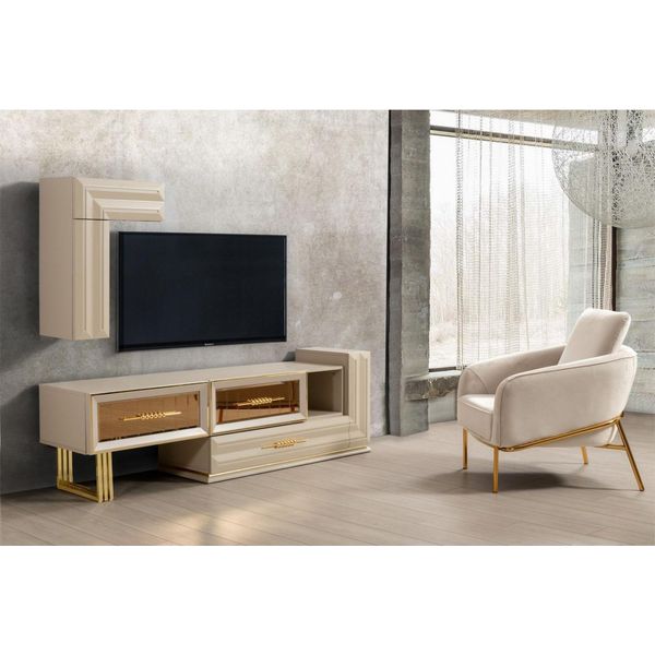 Parete Attrezzata Rtv Credenza Bassa Porta Tv Parete Attrezzata Beige Moderno-image
