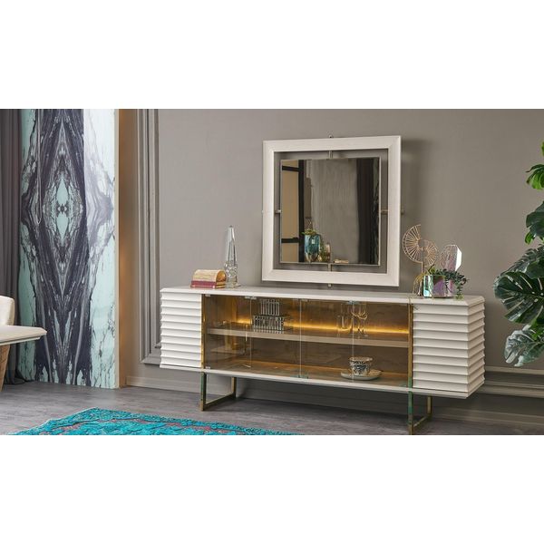 Credenza Credenza Con Specchio Sala Da Pranzo Legno Cassettiera Beige-image