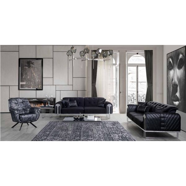 Set Di Divani Da Salotto Neri 2X Poltrona Imbottita Di Design A Tre Posti-image
