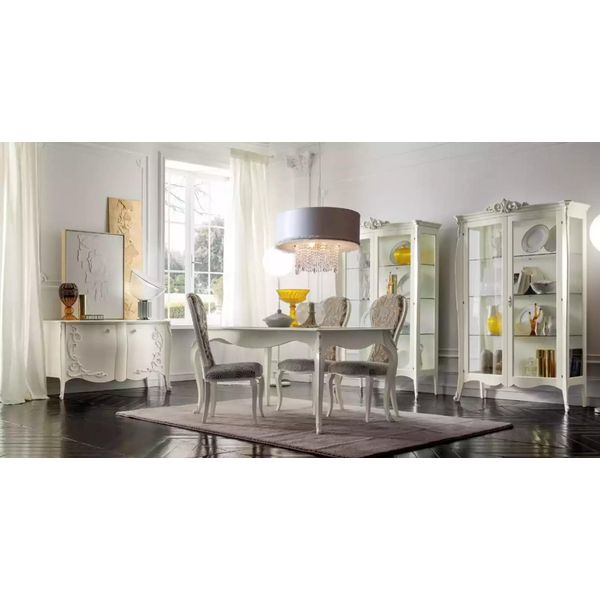 Set Sala Da Pranzo Di Lusso 7 Pezzi Mobili In Legno Bianco Vetrina 4X Sedie Tavolo-image