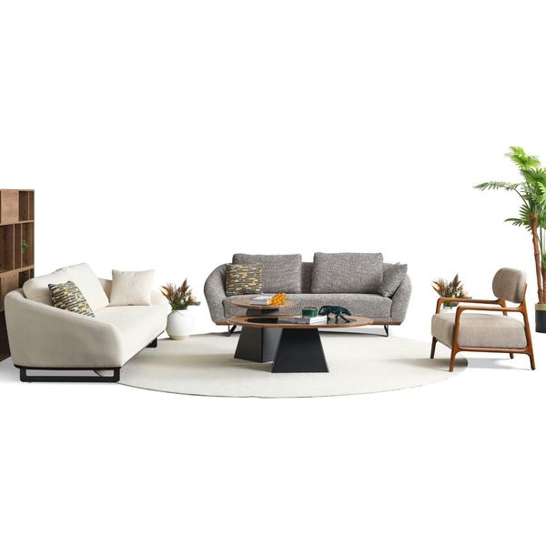 Set Di Divani A Tre Posti Poltrona In Tessuto Beige Set Di Divani In Tessuto Grigio 3+3+1-image