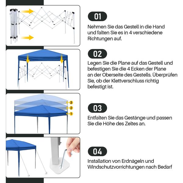 Aopunly Gazebo Pieghevole 3X3M Blu Tenda Per Feste Protezione Uv Regolabile In Altezza Con Borsa Per Il Trasporto, Per Campeggio Giardino All'aperto Senza Pareti Laterali-image