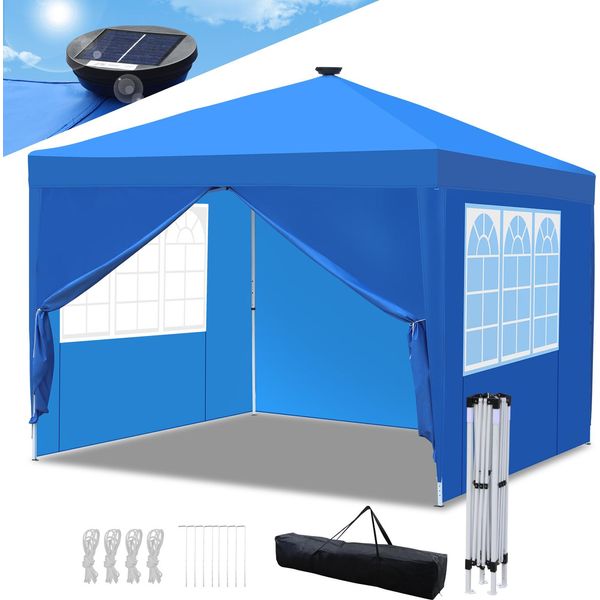 Tolletour Gazebo Pieghevole 3X3M Blu Con Luce Led Solare Con Pareti Laterali Tenda Per Feste Protezione Uv Regolabile In Altezza Con Borsa Per Il Trasporto, Per Il Campeggio All'aperto In Giardino-image