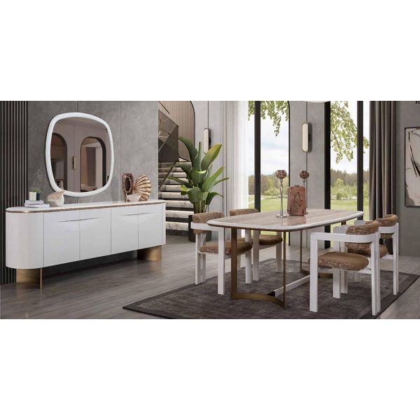 Set Sala Da Pranzo Tavolo Da Pranzo 4X Sedie Cassettiera Specchio Set Moderno Gruppo Da Pranzo Bianco-image