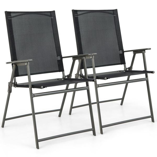 Set Di 2 Sedie Da Giardino Costway, Sedie Pieghevoli Con Schienale Alto E Braccioli, Sedie Da Balcone, Sedie Da Patio Con Portata Fino A 150 Kg 58X57,5X95,5 Cm Nero-image