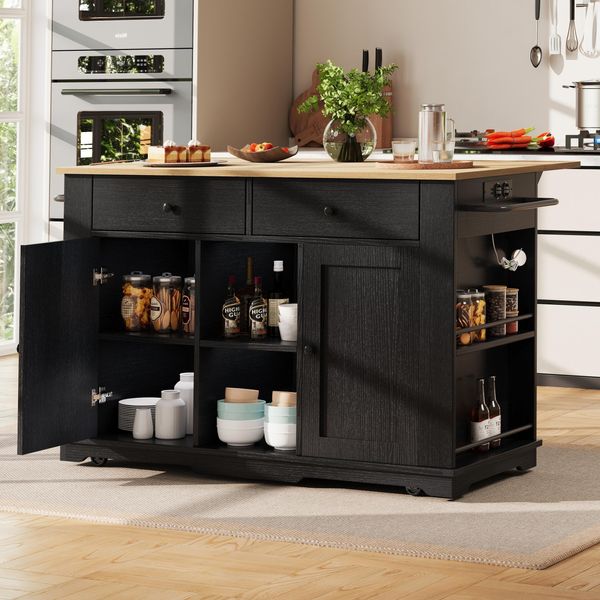 Flieks Carrello Da Cucina A Isola Con Funzione Di Carico, Carrello Da Cucina Con Piano Di Lavoro Estraibile, Carrello Portavivande Da Cucina, Nero-image