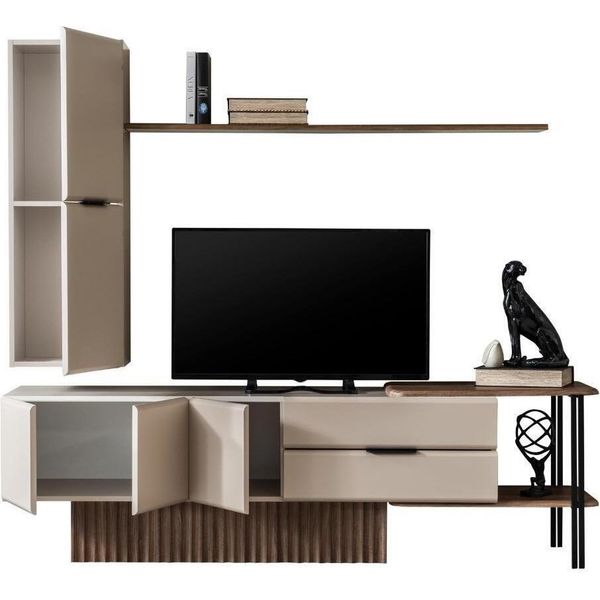 Parete Attrezzata Porta Tv Armadio A Muro Rtv Ribassato Mensole In Legno Beige-image