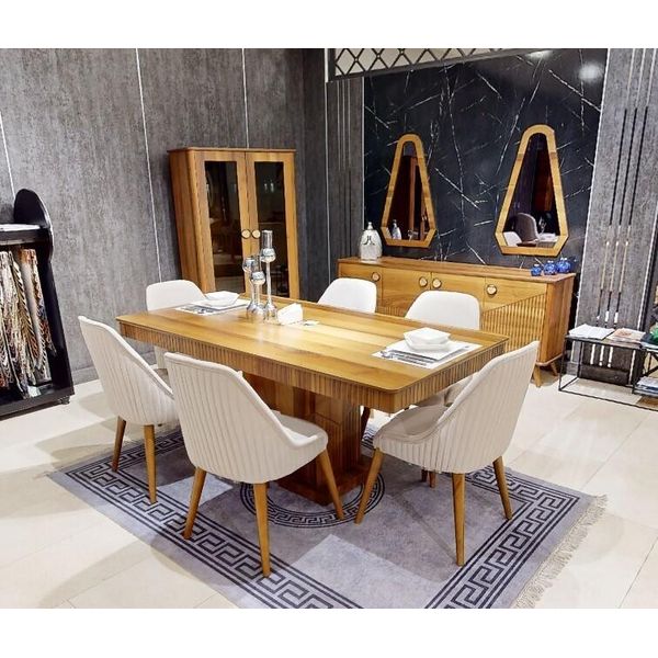 Esclusivo Set Da Pranzo Marrone Chiaro Tavolo Da Pranzo In Legno 6X Sedie Credenza-image