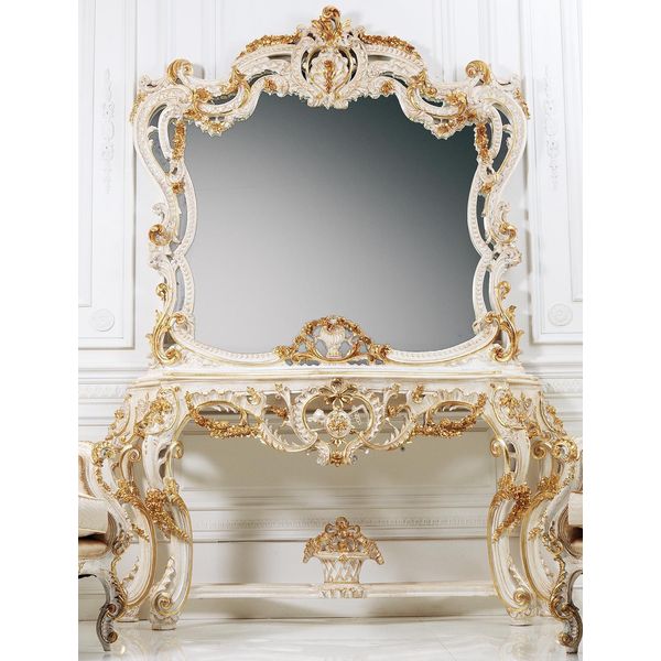 Specchio Classico Tavolo Da Toilette Consolle In Legno Bianco Mobili Da Camera Da Letto 2Pcs-image