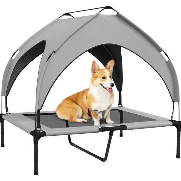 Pawhut Lettino Per Cani Rialzato Con Tettoia, Letto Per Animali, Letto Per Cani Da Esterno Con Tettoia, Traspirante, Per Cani Di Taglia Grande Grigio Chiaro Oxford 91 X 76 X 89 Cm-image