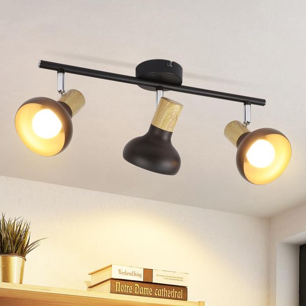 Zmh Faretto Da Soffitto 3 Fiamme Plafoniera Vintage Corridoio Soffitto Nero Spot E14 Faretto Industriale Interno Metallo 350° Spot Orientabili Per Camera Da Letto Soggiorno (Senza Lampadina)-image