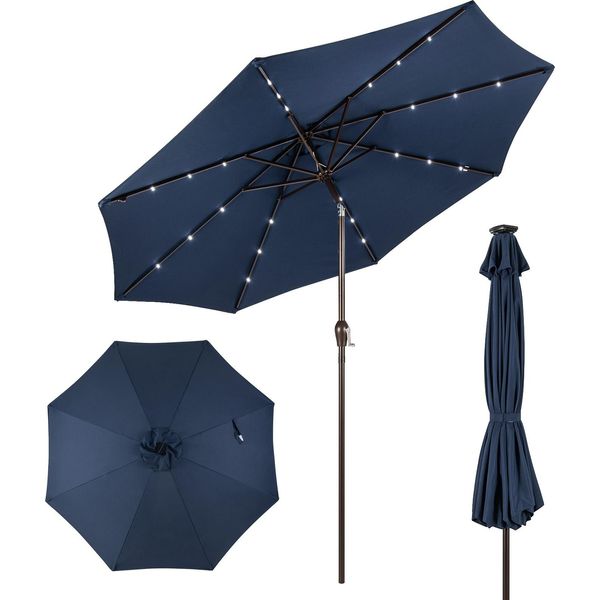 Costway Ombrellone 300Cm Con Illuminazione Solare Led A 8 Costole E Manovella, Ombrellone Da Giardino Pieghevole A 30° Su Entrambi I Lati Ombrellone Da Patio Ombrellone Da Mercato Blu Scuro-image
