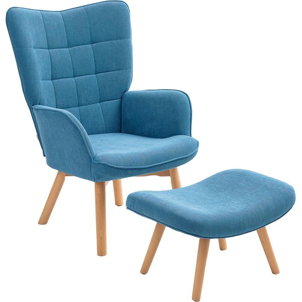 Homcom Poltrona Con Sgabello, Poltrona Ad Ala Con Schienale Alto, Gambe In Legno, Poltrona Lounge Con Design Trapuntato, Look A Coste, Per Il Soggiorno, Blu-image