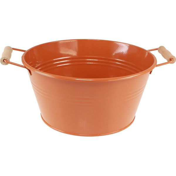 Ciotola Decorativa In Metallo Marrone Arancio Con Manici In Legno Vintage Ø29Cm H14,5Cm Fioriera Per Piante-image