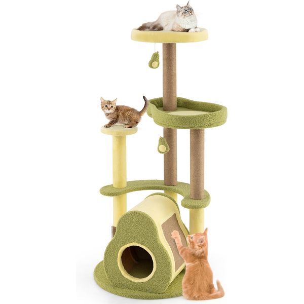 Costway Tiragraffi In Legno Alto 124,5 Cm, Design Avocado, Albero Per Gatti Con Piattaforme, Grotta Per Gatti, Giocattolo, Spazzola Per Toelettatura E Tiragraffi, Albero Da Gioco Verde-image