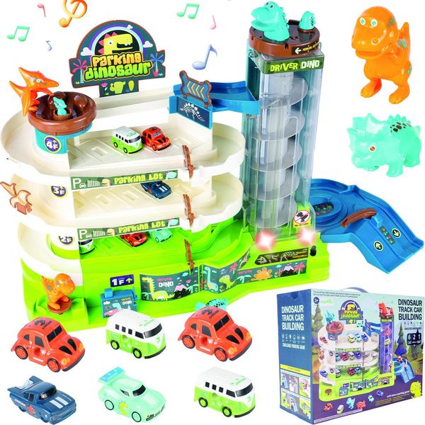 Malplay Parcheggio Scivolo Dinosauro 6 Auto Garage Con Ascensore Mega Park Distributore Di Benzina Da 3 Anni-image