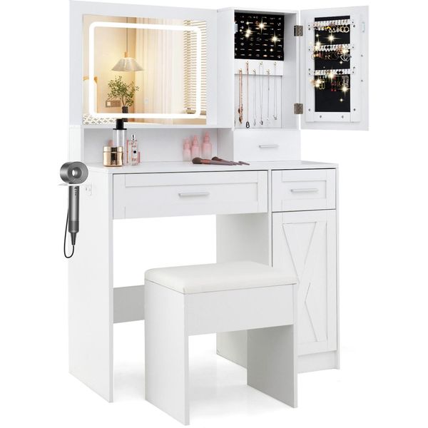 Costway Tavolino Da Toilette Con Stazione Di Ricarica, Led, 3 Colori Con Luminosità Regolabile, Sgabello, Specchio, Armadietto, Cassetti E Supporto Bianco-image
