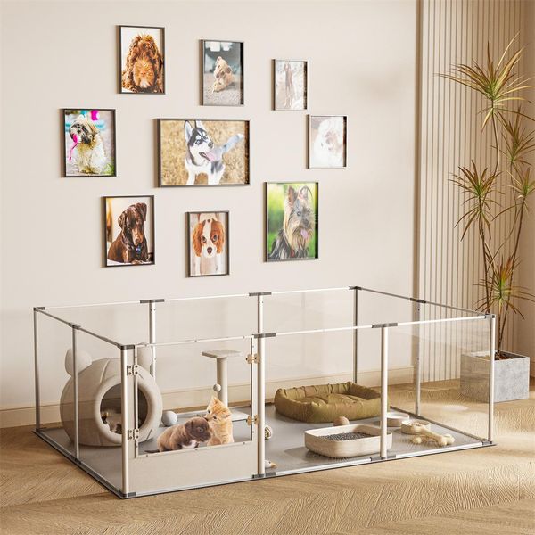 Wisfor Recinto Per Cuccioli Moderno, 180X120X61Cm, Recinto Per Cuccioli Fai Da Te In Acrilico Da 10 Pezzi, Recinto Con Porta, Recinto Per Cuccioli Per Cani E Conigli-image