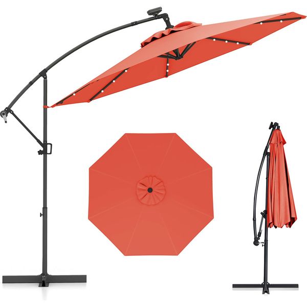 Costway Ombrellone φ300Cm, Ombrellone A Sbalzo Con 32 Led Solari E Manovella, Angolo Di Inclinazione Regolabile, Ombrellone Da Giardino Patio Arancione-image