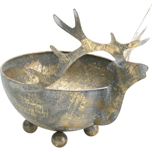 Ciotola Natalizia Con Testa Di Renna, Aspetto Antico, Color Oro, Metallo Ø14Cm, Corna Decorative Per Decorazioni Da Tavola-image